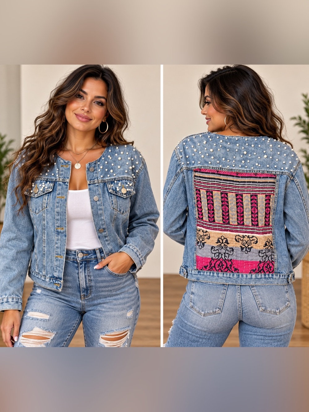 Upcycled Faux Pearl-Embellished Light Blue Denim Jacket with Pink Patchback